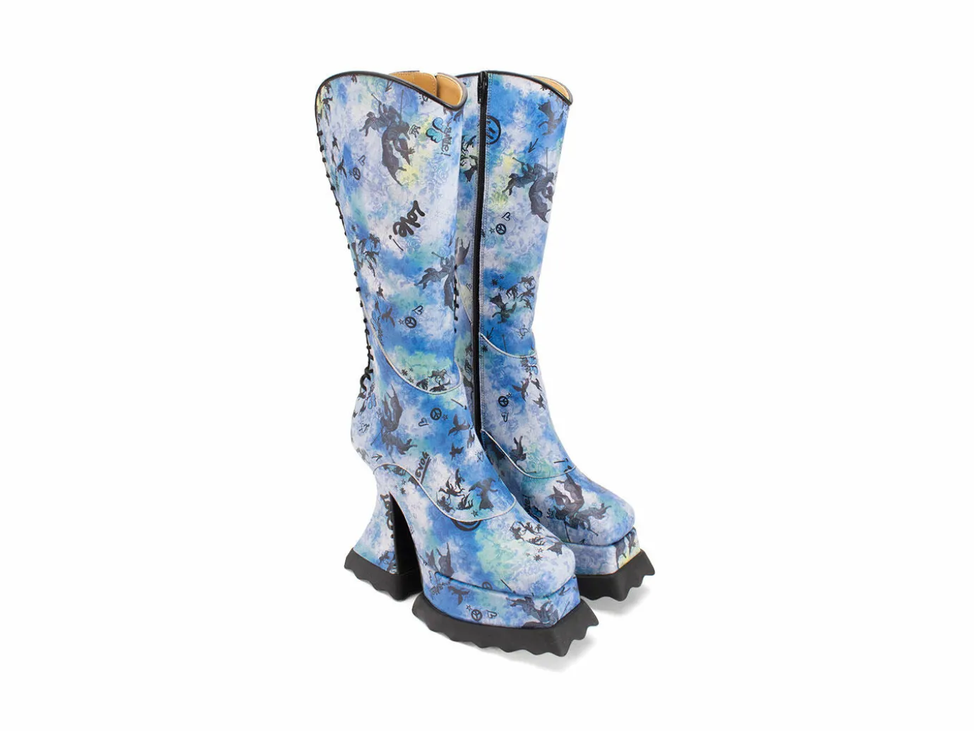 Fluevog Shoes Magnolia | Zip-Up Platform Tall Boot Blue Graffiti Hot