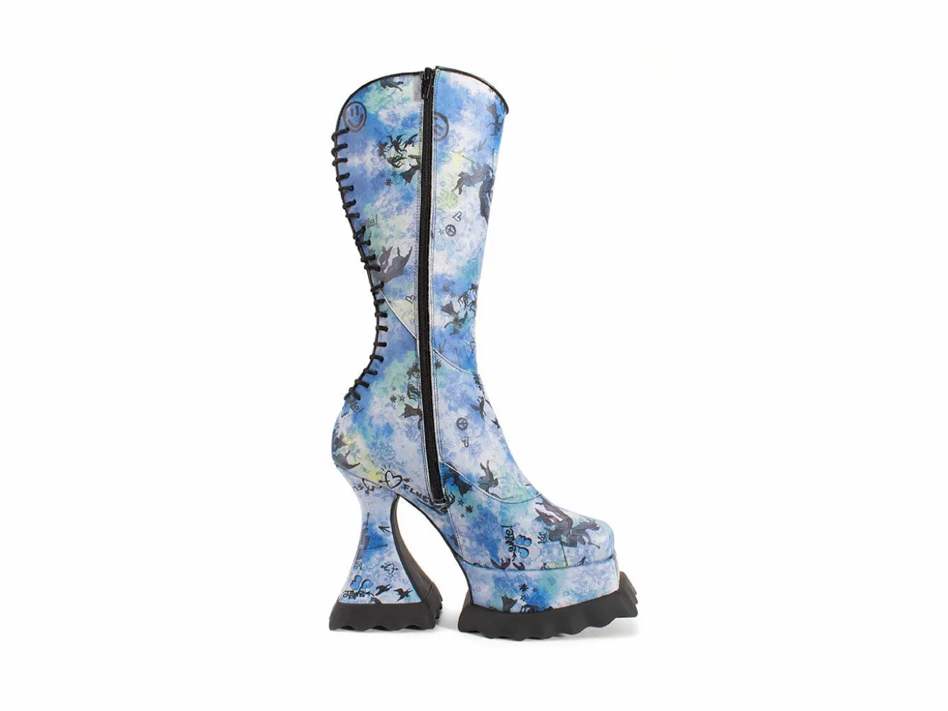 Fluevog Shoes Magnolia | Zip-Up Platform Tall Boot Blue Graffiti Hot