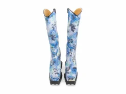 Fluevog Shoes Magnolia | Zip-Up Platform Tall Boot Blue Graffiti Hot