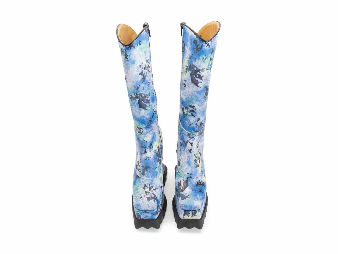 Fluevog Shoes Magnolia | Zip-Up Platform Tall Boot Blue Graffiti Hot