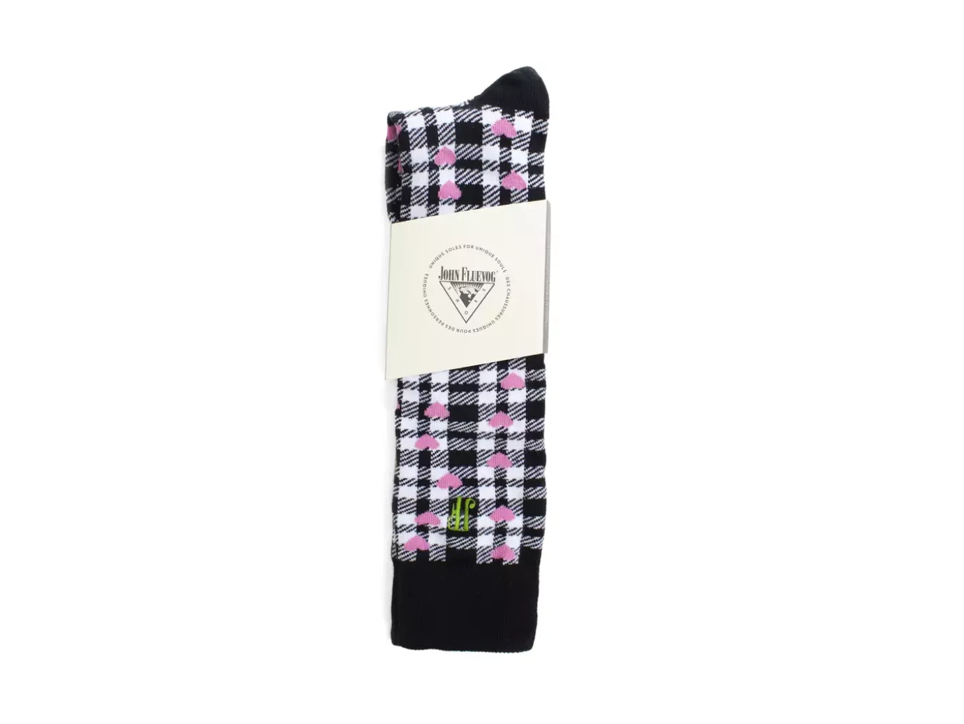 Fluevog Shoes Mochi Vog Socks | Spotted Gingham Sock White/Black/Pink Hearts Fashion