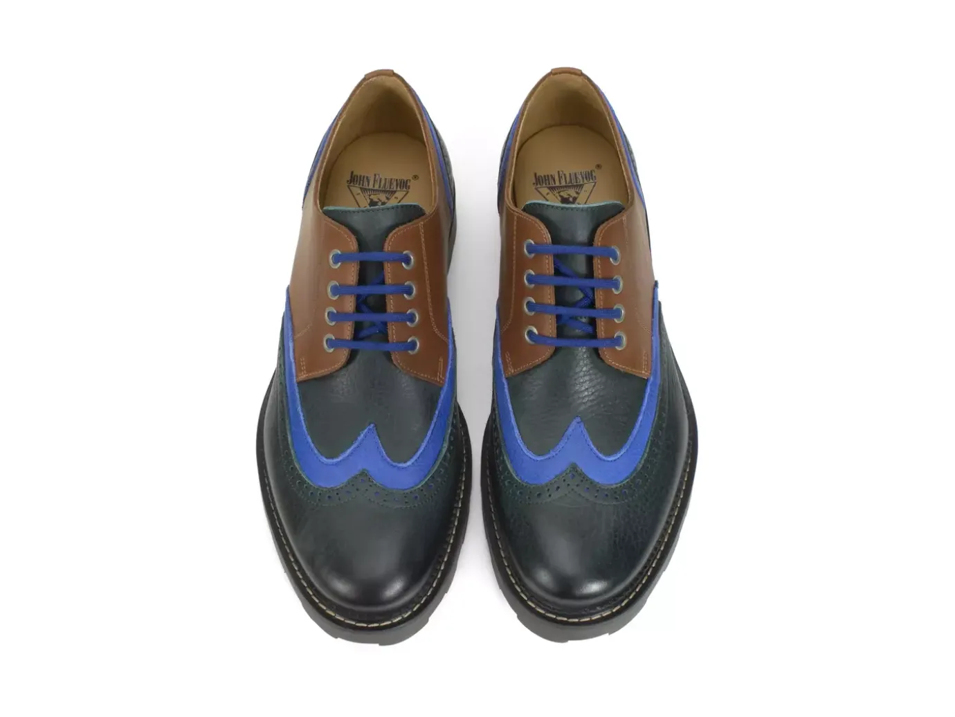 Fluevog Shoes Nathaniel | Double Wingtip Derby Green/Blue/Brown Flash Sale