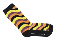 Fluevog Shoes Peggy-Sue Vog Socks | Wave Patterned Sock Black/Yellow Sale