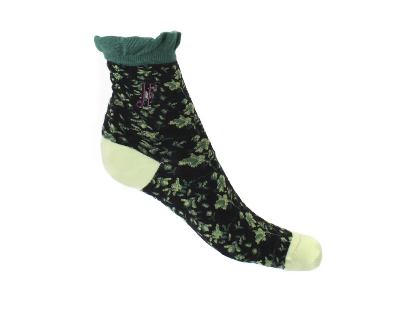 Fluevog Shoes Purrcy Vog Socks | Floral Ruffle Sock Green/Black Outlet
