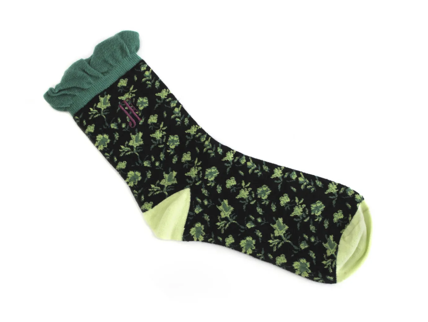 Fluevog Shoes Purrcy Vog Socks | Floral Ruffle Sock Green/Black Outlet