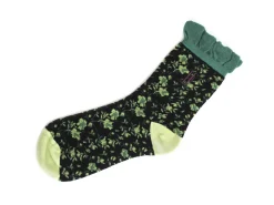 Fluevog Shoes Purrcy Vog Socks | Floral Ruffle Sock Green/Black Outlet